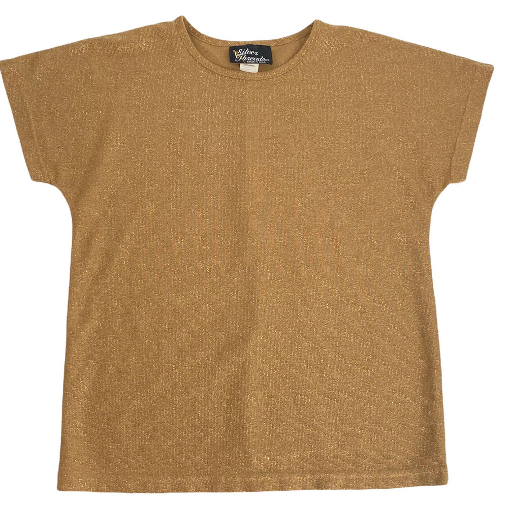 VTG Gold Metallic Shimmer Knit Top Small Dolman Sleeve USA Glam Party Holiday